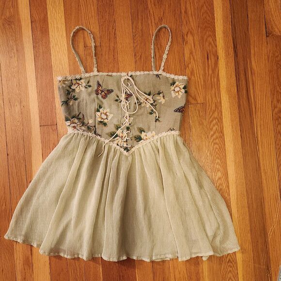Cider Green Floral Tapestry Butterfly Corset Dress, Flowy Skirt, Fairycore Sz L - Picture 4 of 13